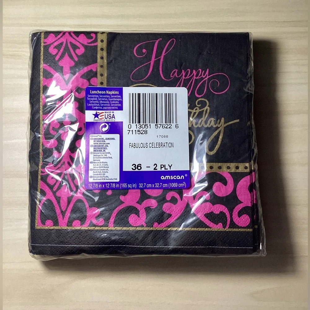 Black and Pink Happy Birthday Plates, Napkins, and Cups Set